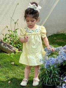 LMoss Kids Đầm đi nghỉ in hoa dễ thương cho bé gái mùa hè - Màu vàng - Xem 5