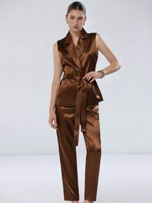 Aveloria Modichic Women's Satin-Trimmed Lapel Sleeveless Blazer Vest With Belt & Suit Pants Co-Ord Set, Elegant Luxury Commuting & Versatile Style