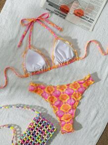 Swim Mod Summer New Fashion Random Printed Ruffle Tie Waist 2Pcs Vacation Cute Lady Outfits - Multicolor - View 2