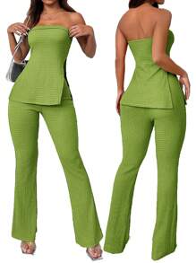 SHEIN SXY 女士纯色简约抹胸上衣和高开衩长裤两件套，休闲日常穿着 - 綠色 - 查看 9