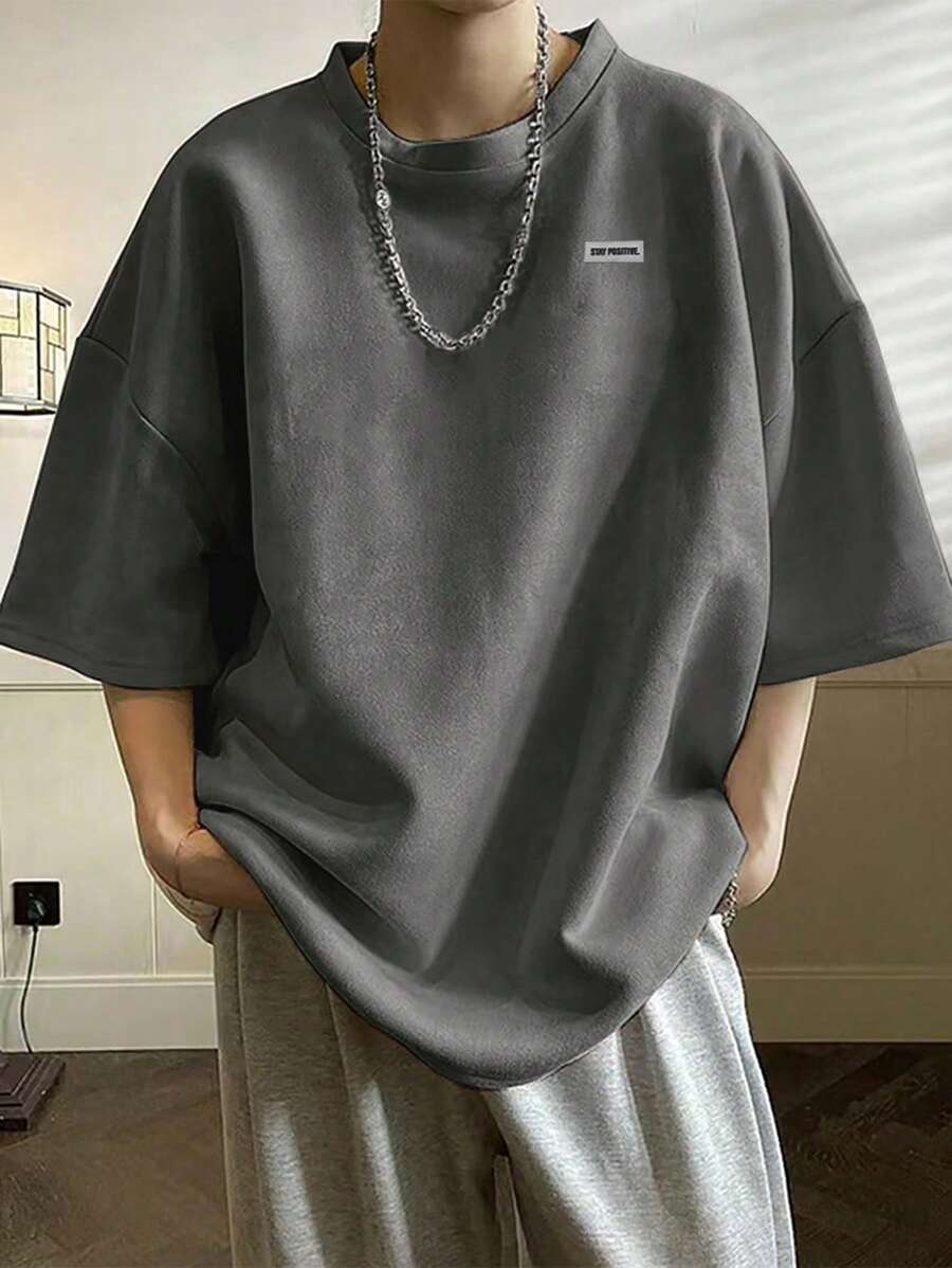 Claim Dot Plus Size Men's Letter Print Loose Round Neck Drop Shoulder T-Shirt - Grey - View 1