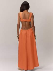 MUSERA 超宽腿连体裤，垂褶前胸罩杯设计，侧边镂空，露背，度假波西米亚风，西部牛仔风，春夏度假沙滩装，优雅伊比沙岛假日婚礼宾客约会之夜性感晚装，波西米亚橙色婚礼派对 - 橘色 - 查看 2