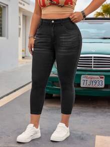 SHEIN EZwear Plus Size Women Plain Simple Casual Denim Jeans - Black - View 5