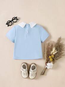 SHEIN Toddler Boys' Casual Polo Collar Short Sleeve T-Shirt, Minimalist Everyday Wear, Spring/Summer Fashion Item - Dusty Blue - View 9