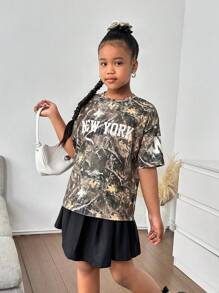 Ensemble 2 pièces pour préadolescentes : T-shirt oversize à imprimé camouflage et lettres + jupe mini plissée noire, retour à l'école, style Y2K, streetwear, chic et doux, style campus américain - Multicolore - Voir 8
