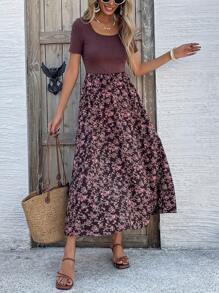 SHEIN Clasi 大码女式花卉印花拼布短袖夏季连衣裙长款女式服装 - 彩色 - 查看 4