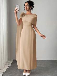 SHEIN Privé Elegant & Romantic Solid Ruffle Detail Long Sleeve Fitted Dress, Lotus Pink - Khaki - View 5