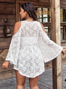 SHEIN LUNE Plus Size Women Bat Wing Sleeve Sheer Lace Blouse - White - View 2