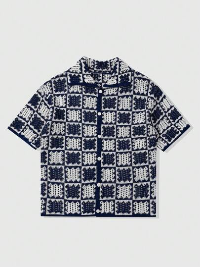 Street Life Men's Loose Dropped Shoulder Hollow Out Knitted Shirt, Vacation Style