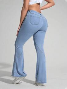 SHEIN EZwear Women's Casual Washed Low Waist Slim Flared Jeans - Light Wash - View 3