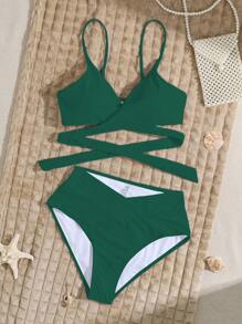 SHEIN Swim Springbreak Solid Color Criss-Cross Cut-Out Tied Bikini Top And Bottom Swimwear Set For Summer Beach Vacation - Dark Green - View 6
