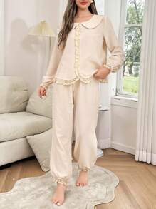 Dream Adore Set de pijamale cu mâneci lungi și pantaloni cu guler Peter Pan din dantelă