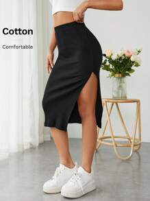 SHEIN PETITE Falda tejido de canalé de muslo con abertura - Negro - Ver 6