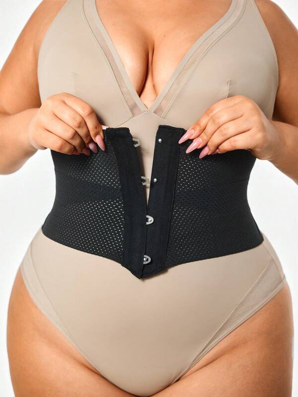 SHEIN Shape Plus Size Solid Color Front Button Breathable Waist Cincher