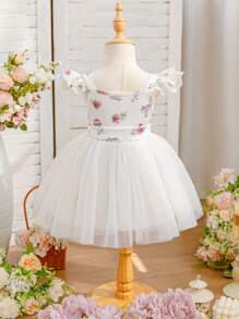 SHEIN Glamorique Kids Vestido de fiesta de manga de tul con estampado floral de rosa para niña bebé