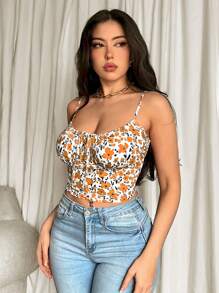 Firerie Áo ba lỗ hở vai họa tiết hoa nhỏ xinh dành cho nữ, trang phục nghỉ dưỡng thanh lịch - gừng - Xem 2