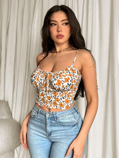 Firerie Camisola corta con estampado floral diminuto para mujer, elegante atuendo para resort