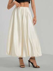 SHEIN Tall 女士米色缎面褶皱泡泡简约 A 字裙 - 杏色 - 查看 3