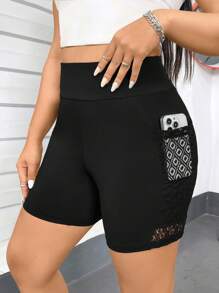 SHEIN Essnce 大码女装春夏健身沙滩装夏季短裤慢跑裤新款时尚休闲通勤运动设计拼接镂空蕾丝口袋黑色紧身打底裤，打底裤短裤 - 黑色 - 查看 4