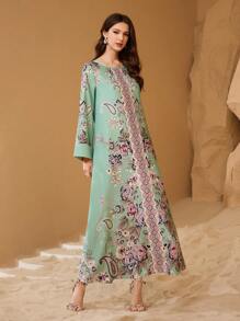 Al Najma Women's Ramadan Printed Loose & Elegant Robe,Modest - Green - View 6