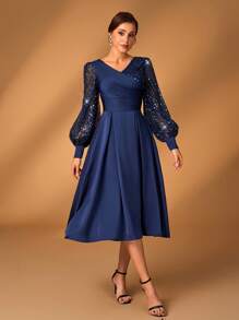 Serin Vestido elegante y lujoso para mujer, de color champagne, con lentejuelas brillantes de satén, mangas farol, cuello cruzado en V, plisado y dobladillo evasé, adecuado para que las madres asistan a bodas, fiestas y eventos de noche