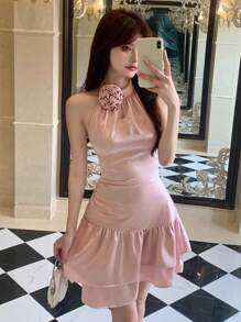 DAZY 3D Floral Decor Halter Satin Satin Cake Design Hollow-Out Backless Ladies Dress For Wedding & Banquet Summer Prom Dress Party Women Sundress