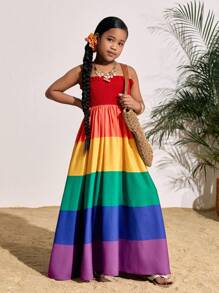 SHEIN Vestido corte A con bloques de color y empalmes para niñas preadolescentes, adecuado para vacaciones de verano y la playa
