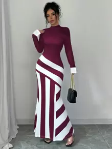 Chiquease Women's Black & White Geometric Striped Print Bodycon Dress, Autumn/Winter Maxi Women Outfit Fall Cloth For Women - Burgundy - View 1