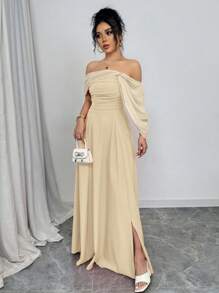 Rafferiza 女式露肩褶皱领扭腰连衣裙，配全裙 - 杏色 - 查看 3