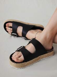 Solecia Sandalias de suela gruesa con material de PU negro y cuerda en la parte inferior, adecuadas para ir al trabajo, citas, fiestas y vacaciones