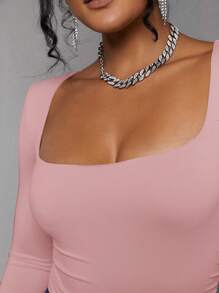 Silquee 女士方领长袖褶皱休闲紧身衣 - 藕粉色 - 查看 5