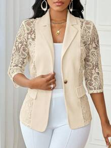 SHEIN Lady 四季白色西装女西装外套女大衣蕾丝拼接优雅秋冬套装 - 卡其色 - 查看 4