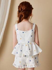 Blossori 年轻女孩法式优雅白色底色彩色心形印花短袖上衣和短裤两件套，春夏