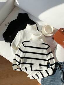 SHEIN Comfortcana Áo len dệt kim cổ tròn tay dài 3 món cho nữ, mặc thường ngày vào mùa thu/đông - Đen và trắng - Xem 4