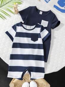 SHEIN Leap Crew 2 pièces/set Salopette et short à manches courtes en tricot avec motif rayé, doux, pour bébé garçon - Bleu et Blanc - Voir 7