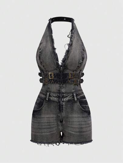 Fairycore Women's Y2K Style Halter Neck Denim Waist Buckle Design Playsuit
