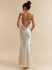SHEIN BAE Đầm dự tiệc thanh lịch hở lưng gợi cảm 3D hoa ruy băng mùa hè cho nữ - Màu be - Xem 1