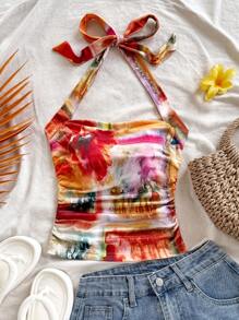 Soleia Summer For Women,Western Wear Women,Summer Tops,Crop Tops Women,Concert Women,Rave Festival,Cruise Attire Women,Birthday For Women,Going Out Tops,Vacation Woman,Tank Tops Women,Vacation Women's Colorful Tie Dye Floral Print Pleated Halter Backless Tank Top With Bowknot - Multicolor - View 4