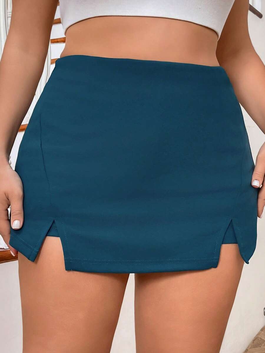 SHEIN Privé 大码高腰开衩裙裤 - 墨綠色 - 查看 1