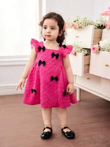 SHEIN Vestido de manga corta con lazo rosado decorativo para niñas bebé en verano - Rosa Fucsia - Ver 3