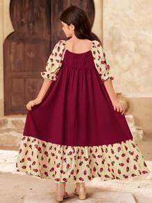 SHEIN Tween Girls' Vacation Casual Color Block Ditsy Floral Puff Sleeve Midi Dress With Square Neckline - Burgundy - View 2
