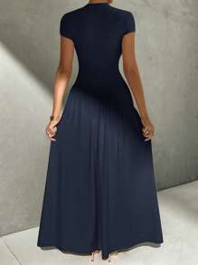 Firerie Minimalistisch Elegant Dagelijks Draagbaar Uniek Effen Kleur Korte Mouw Getailleerde Staande Kraag Asymmetrische A-lijn Taille Lange Jurk