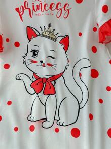 SHEIN Camisón informal y lindo con mangas cortas con volantes, diseño de dibujos animados y contraste de colores para niñas jóvenes