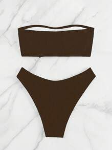 SHEIN Swim 女士 2 件纯色比基尼泳装套装，抹胸上衣和三角泳裤 - 棕色 - 查看 5