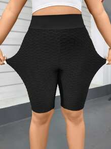 SHEIN Essnce 大码女式春夏时尚休闲运动舒适高弹力纹理面料日常修身黑色机车短裤紧身裤、女式下装、街头服饰、女士夏季服装、夏季短裤、慢跑裤、曲线裤