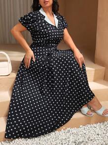 RueChic Plus Size Vintage Vibe Polka-Dot Detailed Dress - Black and White - View 1