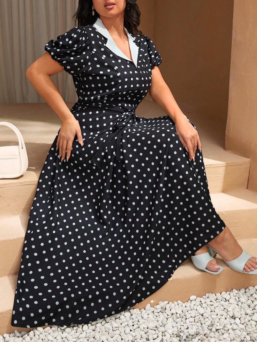 RueChic Plus Size Vintage Vibe Polka-Dot Detailed Dress - Black and White - View 1