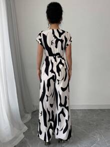 Chiquease 女士不对称黑白印花 V 领连体裤、阔腿休闲办公连体裤