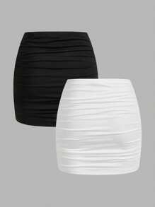 SHEIN MOD 2pcs Women Casual Ruched Bodycon Mini Skirt Set Chic Dress