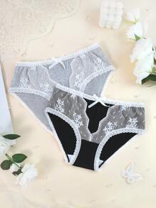 2pcs Set Tween Girls Simple & Fashionable Black/White Lace Trim Comfortable Briefs Set Girl Underwear - Black - View 3